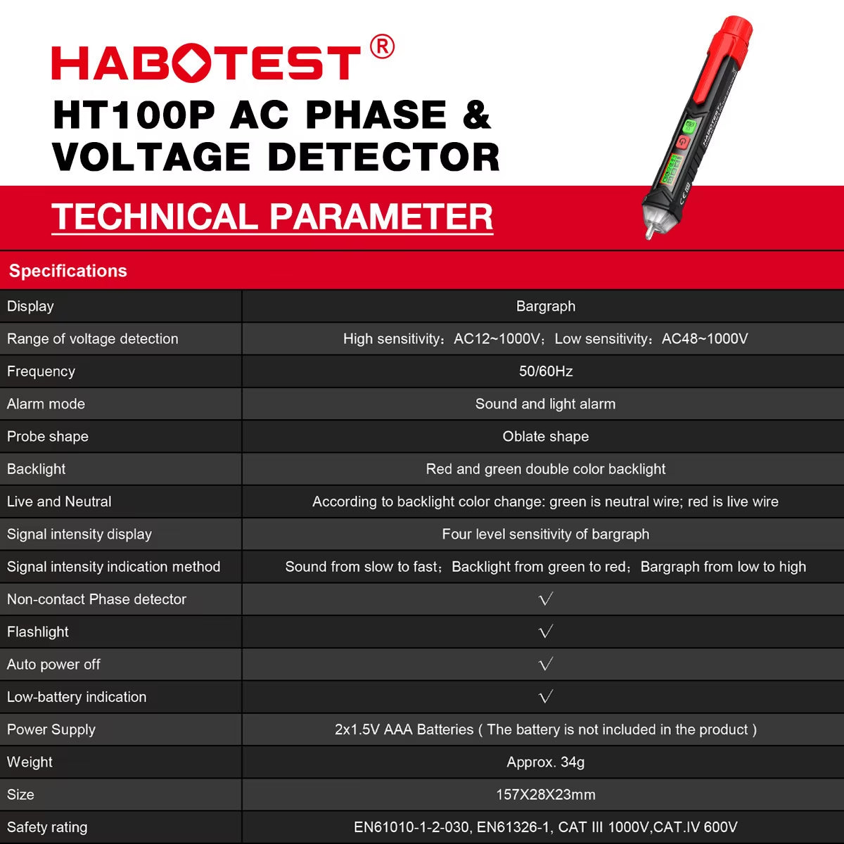 HT100P Non-Contact Voltage Tester 12V-1000V Voltage Detector Pen Alarm Range Electric Pencil Tester Electrician Tools